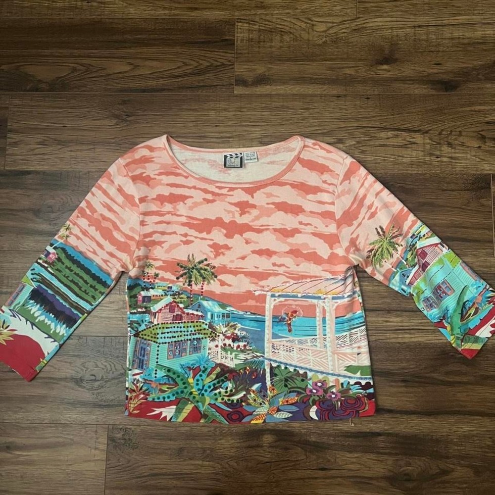 Y2K Colourful 3/4 Sleeve Tshirt Tropical Sequins Women Medium boho Maximalist